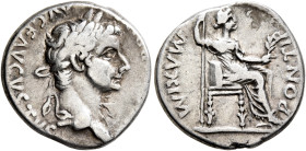 Tiberius, 14-37. Denarius (Silver, 17 mm, 3.80 g, 6 h), Lugdunum, group 4, circa 18-35. [TI CAESAR DIVI] AVG F AVGVSTVS Laureate head of Tiberius to r...