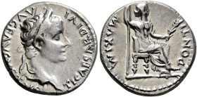 Tiberius, 14-37. Denarius (Silver, 17 mm, 3.89 g, 3 h), Lugdunum, group 4, circa 18-35. TI CΑESΑR DIVI ΑVG F ΑVGVSTVS Laureate head of Tiberius to rig...