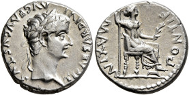 Tiberius, 14-37. Denarius (Silver, 17 mm, 3.77 g, 4 h), Lugdunum, group 4, circa 18-35. TI CΑESΑR DIVI ΑVG F ΑVGVSTVS Laureate head of Tiberius to rig...