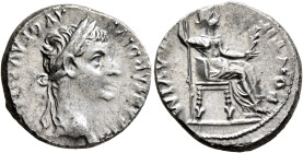 Tiberius, 14-37. Denarius (Silver, 17 mm, 3.91 g, 3 h), Lugdunum, group 4, circa 18-35. TI CΑESΑR DIVI ΑVG F ΑVGVSTVS Laureate head of Tiberius to rig...