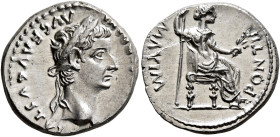 Tiberius, 14-37. Denarius (Silver, 18 mm, 3.77 g, 3 h), Lugdunum, group 4, circa 18-35. TI CΑESΑR DIVI ΑVG F ΑVGVSTVS Laureate head of Tiberius to rig...