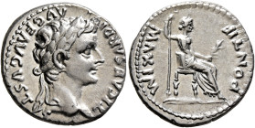 Tiberius, 14-37. Denarius (Silver, 19 mm, 3.72 g, 1 h), Lugdunum, group 4, circa 18-35. TI CΑESΑR DIVI ΑVG F ΑVGVSTVS Laureate head of Tiberius to rig...