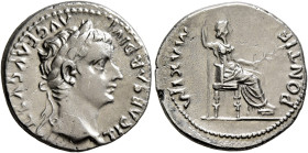 Tiberius, 14-37. Denarius (Silver, 18 mm, 3.68 g, 3 h), Lugdunum, group 4, circa 18-35. TI CΑESΑR DIVI ΑVG F ΑVGVSTVS Laureate head of Tiberius to rig...