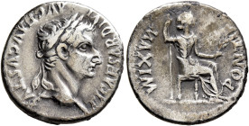 Tiberius, 14-37. Denarius (Silver, 18 mm, 3.62 g, 6 h), Lugdunum, group 4, circa 18-35. TI CAESAR DIVI AVG F AVGVSTVS Laureate head of Tiberius to rig...