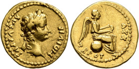 Tiberius, 14-37. Quinarius (Gold, 16 mm, 3.92 g, 1 h), Lugdunum, 23-24. TI DIVI F AVGVSTVS Laureate head of Tiberius to right. Rev. TR POT XXV Victory...