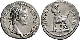 Tiberius, 14-37. Denarius (Silver, 19 mm, 3.68 g, 2 h), Lugdunum, group 5, circa 36-37. TI CAESAR DIVI AVG F AVGVSTVS Laureate head of Tiberius to rig...