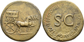 Tiberius, 14-37. Sestertius (Orichalcum, 35 mm, 28.27 g, 6 h), Rome, 36-37. Empty horse-drawn quadriga to right, decorated, on its sides, with Victory...