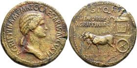 Agrippina Senior, died 33. Sestertius (Orichalcum, 37 mm, 29.96 g, 7 h), Rome, struck under Caligula, 37-41. AGRIPPINA•M•F•MAT•C•CAESARIS•AVGVSTI Drap...