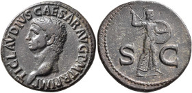 Claudius, 41-54. As (Copper, 30 mm, 12.65 g, 6 h), Rome, 41-42. TI CLAVDIVS CAESAR•AVG P M TR P IMP Bare head of Claudius to left. Rev. S - C Minerva ...