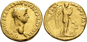 Claudius, 41-54. Aureus (Gold, 19 mm, 7.74 g, 8 h), Rome, 46-47. TI CLAVD CAESAR•AVG P M TR P•VI•IMP•XI Laureate head of Claudius to right. Rev. PACI ...