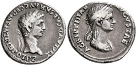 Claudius, with Agrippina Junior, 41-54. Denarius (Silver, 19 mm, 3.57 g, 6 h), Rome, 50-51. TI CLAVD CAESAR AVG GERM P M TRIB POT P P Laureate head of...