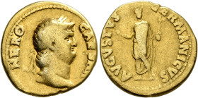 Nero, 54-68. Aureus (Gold, 18 mm, 7.02 g, 6 h), Rome, circa 64-65. NERO CAESAR Laureate head of Nero to right. Rev. AVGVSTVS GERMANICVS Nero, radiate ...