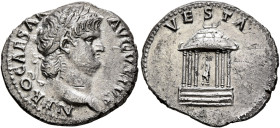 Nero, 54-68. Denarius (Silver, 18 mm, 3.00 g, 6 h), Rome, circa 65-66. NERO CAESAR AVGVSTVS Laureate head of Nero to right. Rev. VESTA The Temple of V...