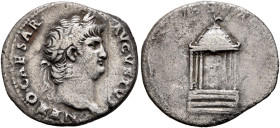 Nero, 54-68. Denarius (Silver, 19 mm, 3.00 g, 7 h), Rome, circa 65-66. NERO CAESAR AVGVSTVS Laureate head of Nero to right. Rev. VESTA The Temple of V...