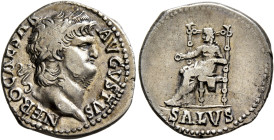 Nero, 54-68. Denarius (Silver, 19 mm, 3.34 g, 6 h), Rome, 65-66. NERO CAESAR AVGVSTVS Laureate head of Nero to right. Rev. SALVS Salus seated left on ...