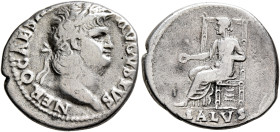 Nero, 54-68. Denarius (Silver, 18 mm, 3.29 g, 6 h), Rome, 65-66. NERO CAESAR AVGVSTVS Laureate head of Nero to right. Rev. SALVS Salus seated left on ...