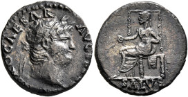 Nero, 54-68. Denarius (Silver, 17 mm, 2.98 g, 6 h), Rome, 66-67. IMP NERO CAESAR AVGVSTVS Laureate head of Nero to right. Rev. SALVS Salus seated left...