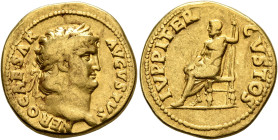 Nero, 54-68. Aureus (Gold, 19 mm, 7.23 g, 6 h), Rome, 67-68. NERO CAESAR AVGVSTVS Laureate head of Nero to right. Rev. IVPPITER CVSTOS Jupiter seated ...