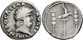 Nero, 54-68. Denarius (Silver, 18 mm, 3.44 g, 6 h), Rome, circa 67-68. IMP NERO CAESAR AVG P P Laureate head of Nero to right. Rev. Aquila between two...