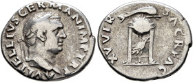 Vitellius, 69. Denarius (Silver, 19 mm, 3.23 g, 6 h), Rome. A VITELLIVS GERMAN IMP TR P Laureate head of Vitellius to right. Rev. XV VIR SACR FAC Trip...