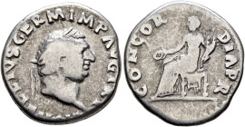 Vitellius, 69. Denarius (Silver, 17 mm, 3.23 g, 6 h), Rome, late April-20 December 69. A VITELLIVS GERM IMP AVG TR P Laureate head of Vitellius to rig...