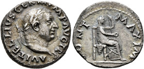 Vitellius, 69. Denarius (Silver, 18 mm, 3.00 g, 6 h), Rome, circa late April–20 December 69. A VITELLIVS GERM IMP AVG TR P Laureate head of Vitellius ...