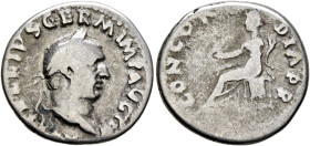 Vitellius, 69. Denarius (Silver, 19 mm, 3.19 g, 6 h), Rome, late April-20 December 69. A VITELLIVS GERM IMP AVG TR P Laureate head of Vitellius to rig...