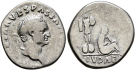 Vespasian, 69-79. Denarius (Silver, 18 mm, 3.27 g, 6 h), Rome, 69-70. IMP CAESAR VESPASIANVS AVG Laureate head of Vespasian to right. Rev. IVDAEA Juda...