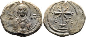 Anonymous, later 11th-early 12th century. Seal (Lead, 23 mm, 7.35 g, 12 h). MHP - ΘV Nimbate bust of the Mother of God 'Nikopoios' facing, nimbate, ho...