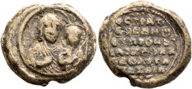 Theodoros Marchapsabos, strategos of Anazarbos, second half 11th century. Seal (Lead, 19 mm, 8.63 g). M - Θ The Mother of God 'Hodegetria', nimbate, w...