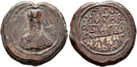 Basil, 12th century. Seal (Lead, 25 mm, 20.72 g, 12 h). Faint traces of legend Nimbate bust of Saint Basil facing. Rev. 'Lord, help your servant Basil...