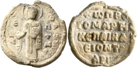 Basileios, second half 12th-first half 13th centuries. Seal (Lead, 26 mm, 11.92 g, 12 h). Θ / CT Є/ΦA/…C – O / ΠPO/TⲰ/MA[P]/T… ('The first martyr, Sai...