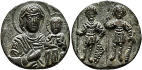 Anonymous, 12th-13th centuries. Travel Icon (Bronze, 24 mm, 10.52 g, 12 h). The Mother of God 'Hodegetria', nimbate, wearing chiton and maphorion, poi...
