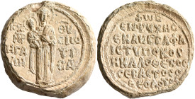 Theodotos Kalothetos, sebastos, mid 13th century. Seal (Lead, 35 mm, 37.40 g, 12 h). IC XC / MHP - ΘV / H ΓA/ΛH-CIⲰ/TI/CA The Mother of God 'Galesioti...