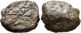 ISLAMIC. Circa AH 2nd-4th century / AD 8th-10th century. Seal (Lead, 21 mm, 9.63 g), with a string hole. Illegible Kufic inscription in three lines, o...