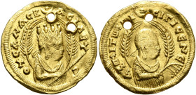 Ousanas I, circa 325-345. Chrysos (Gold, 18 mm, 2.00 g). ΟΥCΑΝAC Β-ACIΛЄY-C Draped half-length bust of Ousanas I to right, wearing long garment, tiara...