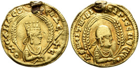 Ousanas I, circa 325-345. Chrysos (Gold, 18 mm, 2.24 g, 12 h). ΟΥCΑΝAC Β-ACIΛЄ-ΥC Draped half-length bust of Ousanas I to right, wearing long garment,...