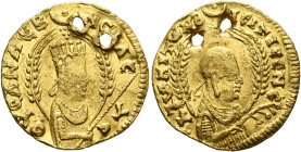 Ousanas I, circa 325-345. Chrysos (Gold, 18 mm, 2.16 g, 12 h). ΟΥCΑΝAC Β-ACIΛЄ-ΥC Draped half-length bust of Ousanas I to right, wearing long garment,...