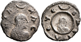 Ezanas, circa 345-380. Argyros (Silver, 12 mm, 0.70 g, 11 h), pagan types, circa 345-360. HZA-NAC Draped bust of Ezanas to right, wearing tight-fittin...