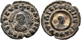 Ouzebas, late 4th-early 5th century. Multiple Lepton (Gilt Bronze, 18 mm, 2.14 g, 12 h). ✠OYΛZHBAC CΛCIΛEΥC Draped bust of Ouzebas to right, wearing t...