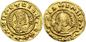 Noe, 5th century. Chrysos (Gold, 18 mm, 1.59 g, 12 h). ✠CCX✠ΛCΛ✠ΛCΛ✠CIነ Draped half-length bust of Noe to right, wearing tiara and circular earring, h...