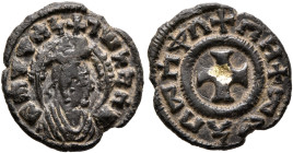 Mhdys, circa 450s-460s. AE (Gilt Bronze, 14 mm, 1.09 g, 5 h). መሐደየሰነ-ገሠአከሰመ ('mhdysngsʼksm' = 'Mhdys (Matthias?), king of Axum' in Ge'ez) Draped bust ...