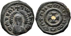 Mhdys, circa 450s-460s. AE (Gilt Bronze, 15 mm, 1.27 g, 12 h). መሐደየሰነ-ገሠአከሰመ ('mhdysngsʼksm' = 'Mhdys (Matthias?), king of Axum' in Ge'ez) Draped bust...