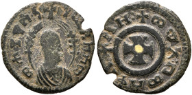 Mhdys, circa 450s-460s. AE (Gilt Bronze, 15 mm, 0.88 g, 11 h). መሐደየሰነ-ገሠአከሰመ ('mhdysngsʼksm' = 'Mhdys (Matthias?), king of Axum' in Ge'ez) Draped bust...