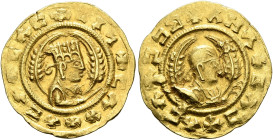 Ebana, circa 460s-480s. Chrysos (Gold, 17 mm, 1.62 g, 12 h). ✠CΛC✠CIϞ✠CΛX✠ΛCΛ Draped half-length bust of Ebana to right, wearing tiara and circular ea...