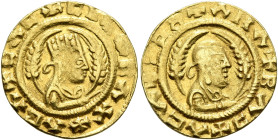 Ebana, circa 460s-480s. Chrysos (Gold, 15 mm, 1.57 g, 12 h). ✠CΛC✠CIነ✠BΛX✠ΛBΛ Draped half-length bust of Ebana to right, wearing tiara and circular ea...