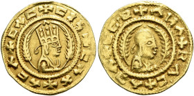 Ebana, circa 460s-480s. Chrysos (Gold, 16 mm, 1.53 g, 12 h). ✠CΛC✠CIነ✠CΛX✠ΛCΛ Draped half-length bust of Ebana to right, wearing tiara and circular ea...