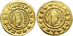 Ebana, circa 460s-480s. Chrysos (Gold, 16 mm, 1.62 g, 12 h). ✠ƆΛC✠CIN✠CΛX✠ΛCΛ Draped half-length bust of Ebana to right, wearing tiara and circular ea...