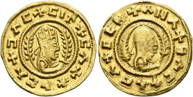 Ebana, circa 460s-480s. Chrysos (Gold, 16 mm, 1.59 g, 12 h). ✠ƆΛC✠CIN✠CΛX✠ΛCΛ Draped half-length bust of Ebana to right, wearing tiara and circular ea...