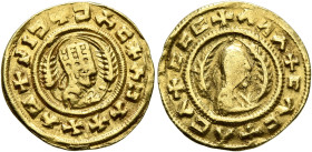 Ebana, circa 460s-480s. Chrysos (Gold, 16 mm, 1.58 g, 12 h). ✠NIↃ✠ↃΛC✠ↃΛↃ✠XΛC Draped half-length bust of Ebana to right, wearing tiara and circular ea...
